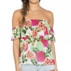 Show Me Your Mumu Tropical Floral Ruffle Strapless Off Shoulder Top Small